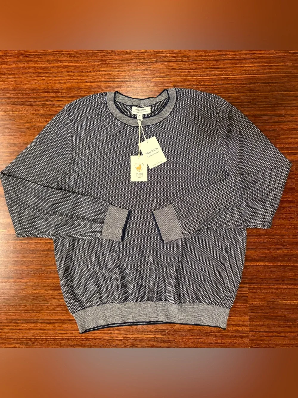 NWT Nordstrom Men's XL Navy & Oatmeal Birdseye Cashmere Cotton Sweater